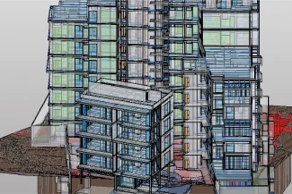 A digital 3D architectural model of Corteza Residencial displays multiple multi-story buildings with transparent exteriors, revealing interior layouts and the innovative desarrollo de vivienda on a textured, uneven base.