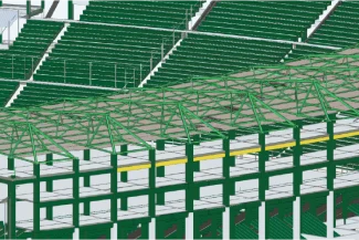 Digital rendering of the Nou Camp Stadium with green stands, steel structure, and roof trusses partially built over the new stands. The view highlights the multiple levels and intricate construction details.
