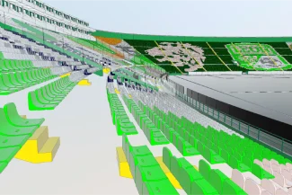 A digital rendering of the Nou Camp Stadium shows green, yellow, and white seats, with a large mural featuring a lion, an eagle, and a crest in a section of the seating area behind the pitch.