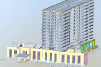 3D rendering of Grand Valbuena, a housing development consisting of a multi-story building with a tall tower, balconies, and vibrant ground-floor details. The partially transparent structure reveals interior details and supporting columns.