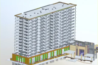 A 3D digital model of a multi-story building under construction in Grand Valbuena shows exposed structural elements, floors, columns, and beams, highlighting the progress of the housing development with partially completed exterior walls and ground-level details.