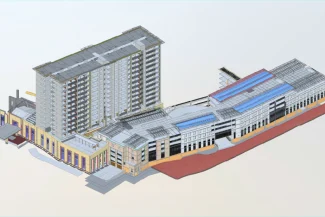 A 3D architectural rendering of Grand Valbuena, a housing development showing a multi-story building complex with a tall tower, interconnected structures, glass facades, and varied roof designs on a red-tinted site plan.