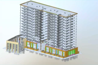 3D architectural rendering of Grand Valbuena, a multi-story housing development featuring a central staircase, multiple balconies, and a lower commercial level with large windows and colorful details, shown in a partial sectional view.