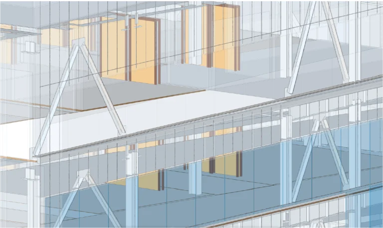 Representación arquitectónica digital del interior del Centro Médico ISSSTE León, con paredes de cristal, vigas estructurales a la vista y varias puertas de madera a lo largo de un moderno pasillo