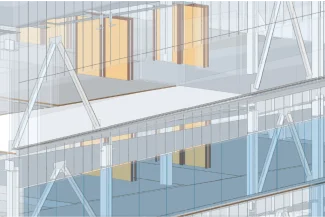 A digital architectural rendering of the ISSSTE León Medical Center shows multiple floors with exposed steel beams, glass walls, and wooden doors along interior hallways.