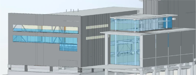 Renderización digital en 3D del Centro Médico ISSSTE León, un edificio moderno con grandes ventanales de cristal teñido de azul, varias plantas y una prominente sección con paredes de cristal que sobresale. El estilo arquitectónico parece contemporáneo