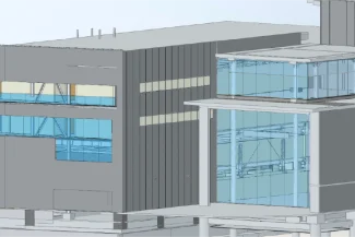 3D digital model of the ISSSTE León Medical Center, a modern building with large windows and multiple rectangular volumes, with exposed structural elements and a mix of gray and blue surfaces.