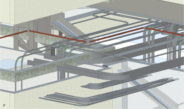 Un modelo en 3D del interior del Centro Médico ISSSTE León muestra conductos eléctricos, tuberías y conductos que atraviesan paredes, techos y suelos, ilustrando la complejidad de los sistemas mecánicos y eléctricos del edificio