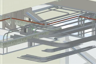 A 3D model of the interior of the ISSSTE León Medical Center shows various electrical conduits, ducts, and cable trays running through the walls and ceilings, illustrating the complex infrastructure and utility routing.