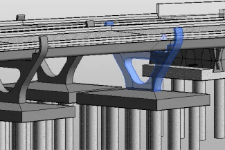 3D rendering of the El Pípila Bridge structure at a road intersection, showing multiple support columns, large rectangular bases, and uniquely shaped supports beneath the bridge deck, with some elements highlighted in blue.