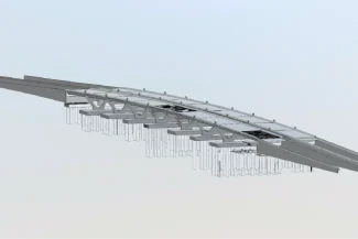 A digital rendering of the curved structure of the El Pípila Intersection Bridge, showing its support beams and vertical columns underneath, set against a light gray background.