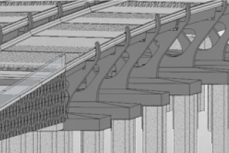 A grayscale rendering of the El Pípila Bridge under construction, showing multiple support beams, main girders, and columns at the intersection, with detailed structural elements and cross bracing visible.