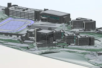 3D rendering of the Tecnológico de Monterrey campus, which features multiple multi-story buildings, a large parking structure, hallways, and a running track, all located on a sloping, landscaped lot in Monterrey.