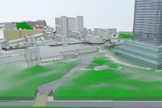 A 3D digital rendering of an urban landscape featuring modern high-rise buildings, mid-rise structures, and sloping green areas, with paths and roads winding through the scene, inspired by Monterrey and the Tecnológico de Monterrey campus.