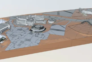 A 3D rendered model of a futuristic Tecnológico de Monterrey campus featuring multiple modern buildings, pathways, landscaped areas, and open spaces on a brown, uneven terrain.