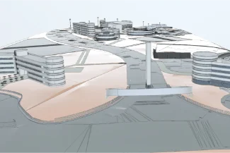 BIM model of the Tecnológico de Monterrey Puebla, featuring curved streets, rounded buildings, and open spaces, reflecting the modern and minimalist design spirit of Tecnológico de Monterrey.