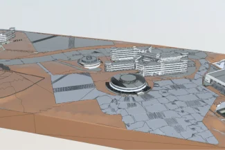 A 3D digital model shows several modern buildings with curved and angular designs on an uneven brown terrain, connected by paths and trails, reminiscent of the innovative architecture found at the Monterrey Institute of Technology in Puebla.