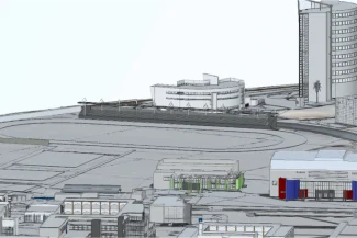 Digital rendering of an urban area in Querétaro featuring several buildings, including a tall cylindrical tower—the Monterrey Institute of Technology campus—and smaller rectangular structures, surrounded by paths and open spaces.