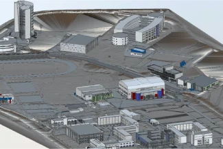 3D digital model of an urban area in Querétaro, with several buildings—including cylindrical and multi-story structures—surrounded by uneven terrain and roads. The scene appears to represent a planned campus or urban district of the Monterrey Institute of Technology.