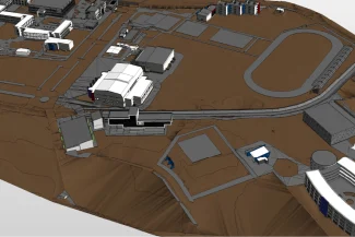 A 3D rendered map of the Monterrey Institute of Technology's hilly campus in Querétaro, featuring multiple white buildings, roads, a running track, and various structures spread across uneven brown terrain.