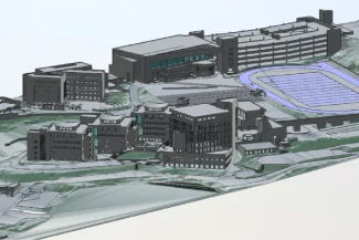 A 3D rendered model of the Monterrey Institute of Technology's Guadalajara campus, featuring multi-story buildings, roads, green areas, and a large sports field spread across varied terrain at different elevations.
