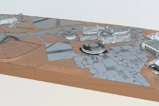 3D model of a futuristic campus inspired by the Monterrey Institute of Technology in Guadalajara, featuring multiple modern buildings, roads, and open spaces on a brown geometric terrain. The structures are white and gray with rounded and angular designs.
