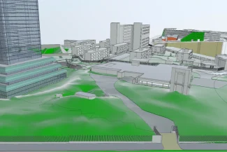 A 3D digital model of a Guadalajara-inspired cityscape, featuring modern buildings, green areas, walkways, and a tall glass skyscraper on the left; the terrain is uneven with patches of grass and various structures.
