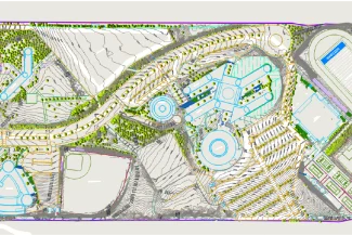 A detailed site plan of the Tecnológico de Monterrey Querétaro sports complex, featuring labeled fields, parking lots, roads, gardens, and multiple circular and rectangular buildings, including a stadium and several athletic areas.