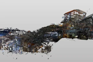 3D point cloud model of the Tamazula Sugar Mill building complex, with various structures, viewed from a high angle against a light gray background. The image appears pixelated and fragmented in some areas.