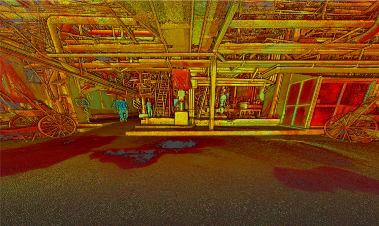 Nube de puntos del interior industrial del Ingenio Tamazula, con tuberías, maquinaria, escaleras metálicas y ruedas de vagón esparcidas por todas partes, creando un efecto surrealista y texturizado