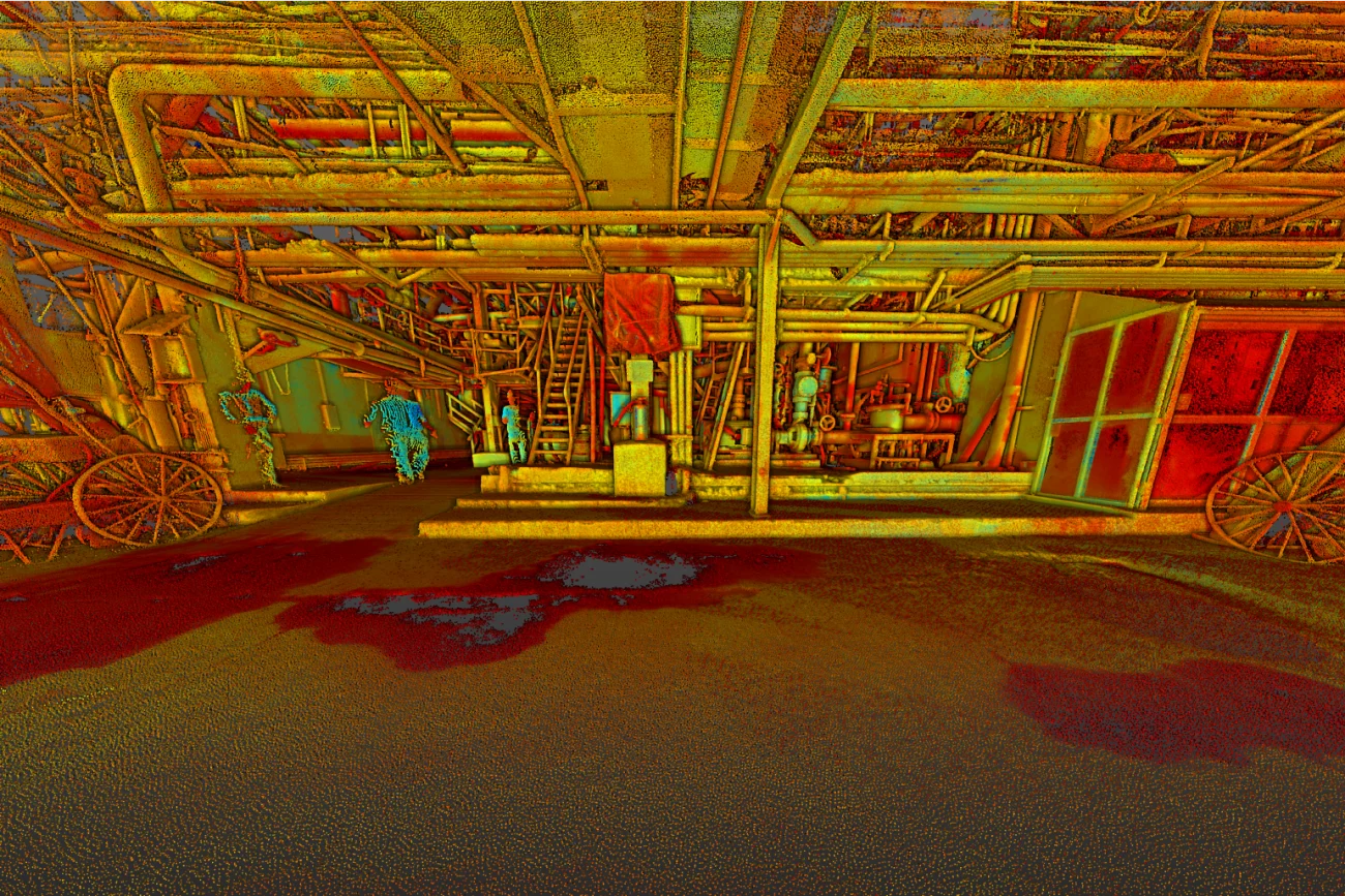 Colorful and stylized image of an industrial interior at the Tamazula Sugar Mill in Jalisco, featuring pipes, beams, ladders, machinery, and two wagon wheels. The bright red, yellow, and green hues give the sugar scene a surreal, heat-map-like appearance.