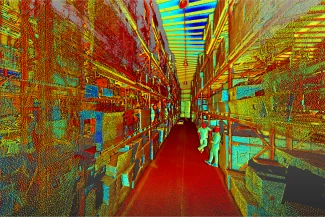 Nube de puntos saturada de color de un pasillo de almacén con estanterías apiladas y dos personas con uniforme blanco a la derecha. Los colores brillantes, similares a los del arco iris, una llamativa escena de AZYCO complementos azulejos.