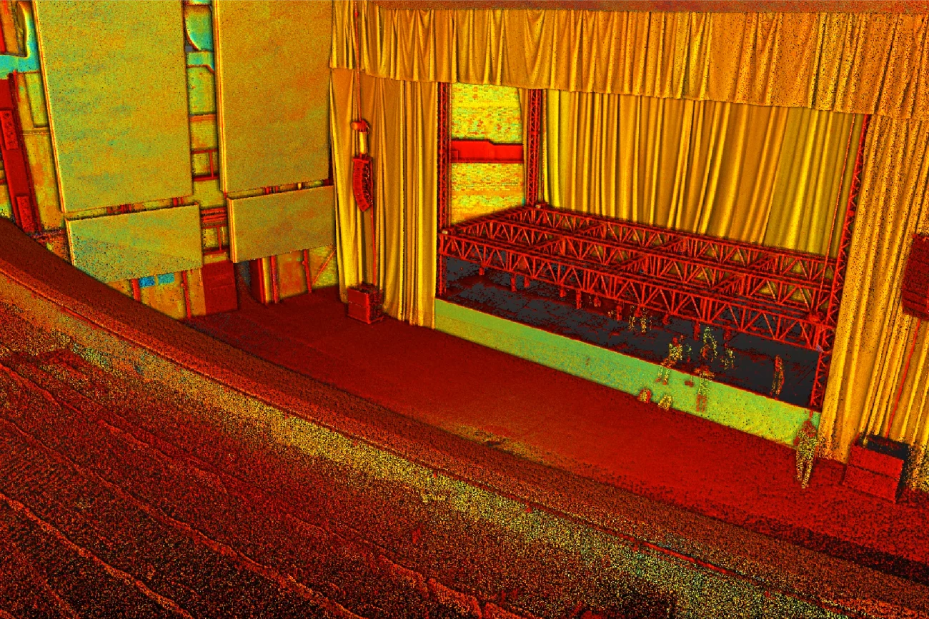 Nube de puntos de sala de conciertos vacía en Ciudad de México con filas de asientos y un escenario cubierto por cortinas amarillas, vista desde un ángulo elevado. El efecto surrealista y colorido se asemeja a un filtro de mapa de calor, evocando la vibrante energía del Auditorio Blackberry.