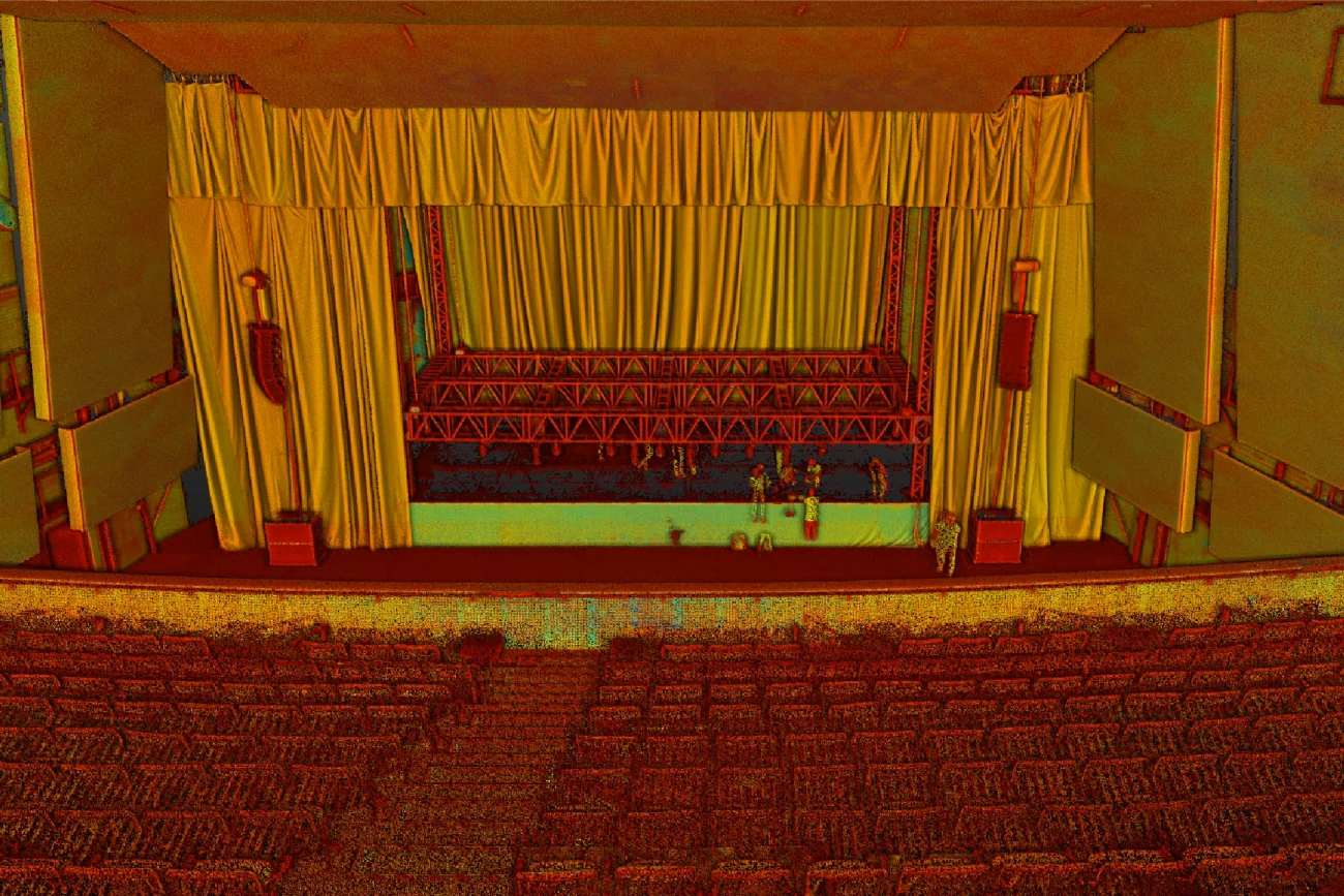 Vista de una sala de conciertos vacía con filas de asientos frente a un escenario. El escenario del Auditorio Blackberry de Ciudad de México tiene las cortinas amarillas parcialmente abiertas, dejando ver una estructura de andamios y varias personas trabajando detrás de ella.