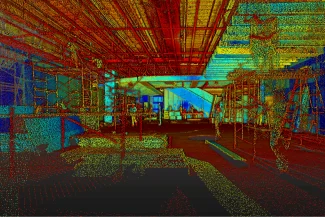 A colorful 3D scanned point cloud of a local interior construction site with scaffolding, beams, and building materials in a partially completed space. Vivid colors, like the Beware of Dog signage, highlight the varying depths of surfaces and materials.