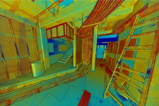 Colorful 3D point cloud scan of the interior of the León Medical Center under construction, showing exposed walls, cables, a barrel, a ladder, and a staircase on the right, with vibrant hues highlighting the structural details of the ISSSTE León facility.
