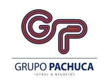 La imagen muestra el logotipo del Grupo Pachuca, con letras GP estilizadas en rojo y azul sobre el texto "GRUPO PACHUCA Futbol & Negocios" en azul. El Grupo Pachuca está estrechamente vinculado al Estadio Nou Camp, sede del Club León.