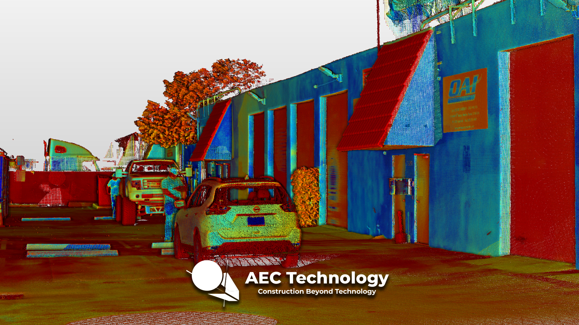 Un colorido escaneado 3D Nube de Puntos de una calle con coches aparcados junto a un edificio industrial, con toldos naranjas y puertas de garaje. El logotipo y el eslogan de AEC Technology aparecen en la parte inferior.