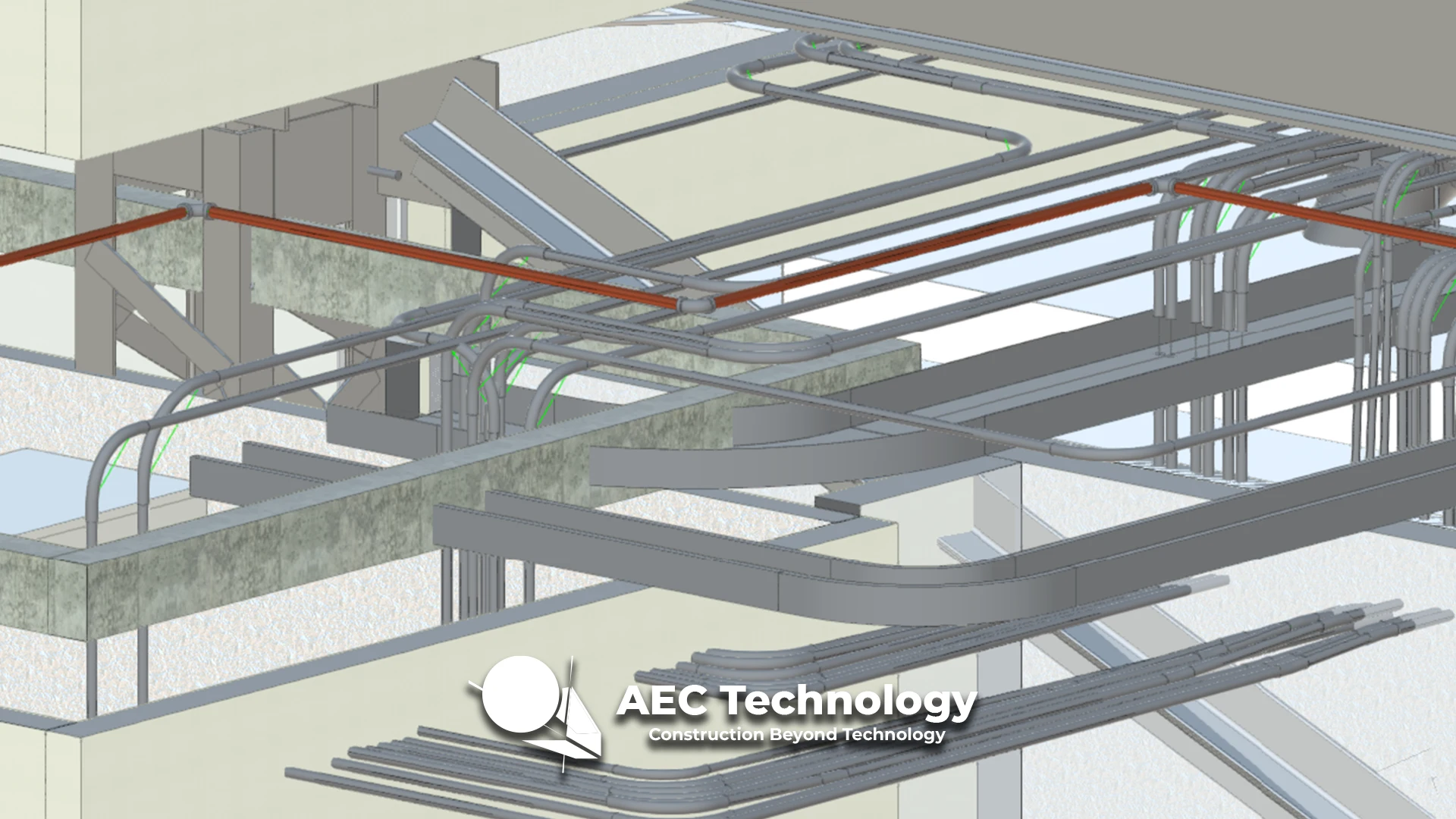 El modelo 3D del interior del Centro Médico ISSSTE León muestra la compleja superposición de conductos de climatización, conductos eléctricos y tuberías, ilustrando la integración de los sistemas MEP. El logotipo de AEC Technology aparece en la parte inferior.