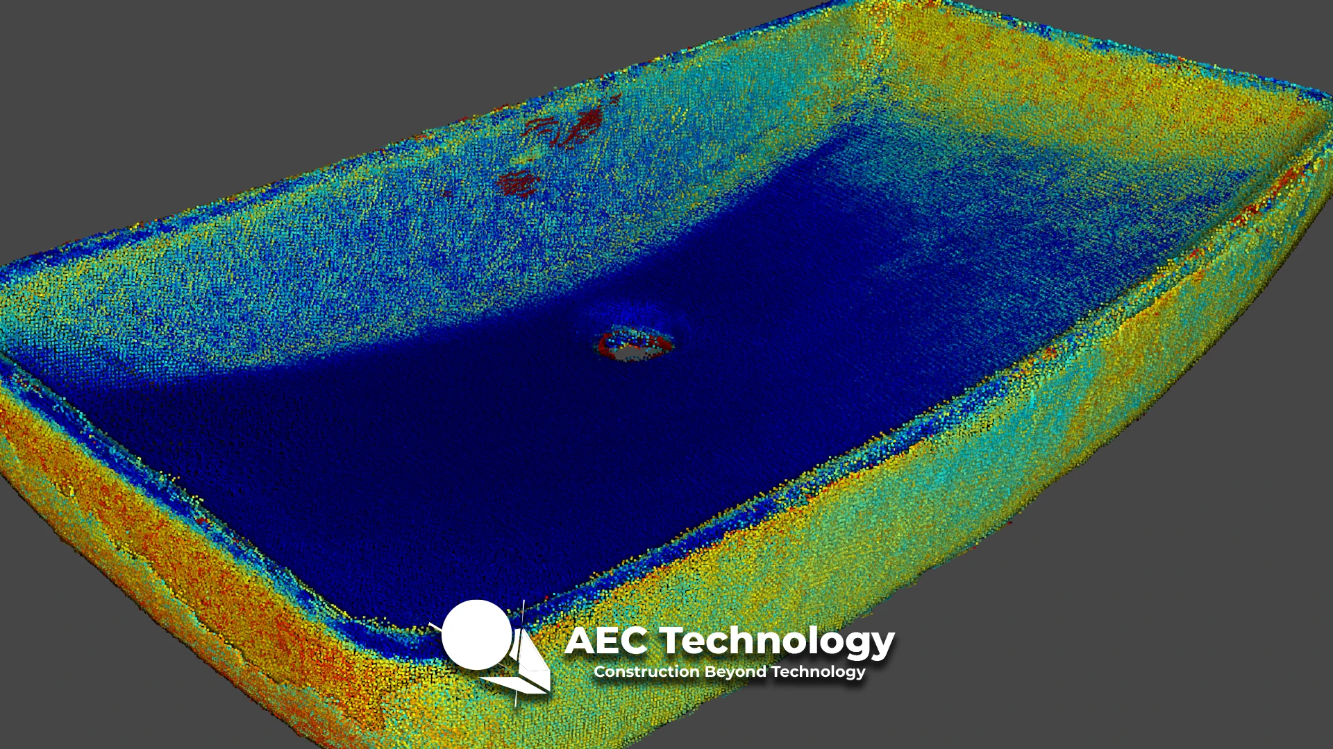nube de puntos 3D de un fregadero rectangular de Grupo Corona sobre fondo oscuro, con el logotipo de AEC Technology Construction Beyond Technology en la esquina inferior izquierda. Ideal para mostrar las innovaciones de Muebles Baños.