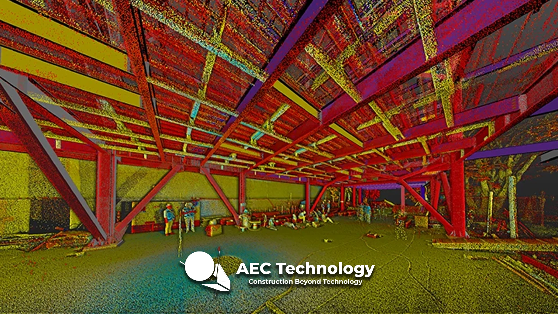 Nube de puntos 3D en color de una vivienda en construcción, que muestra vigas y elementos estructurales a la vista, con trabajadores y equipos visibles en el interior. El logotipo AEC Technology Construction Beyond Technology aparece en la parte inferior.