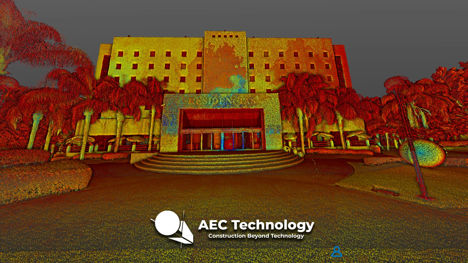 Colorida nube de puntos de un gran edificio en Guadalajara con palmeras delante. Unos escalones conducen a la entrada principal del Tecnológico de Monterrey. Logotipo blanco de AEC Technology y "Construction Beyond Technology" en la parte inferior.