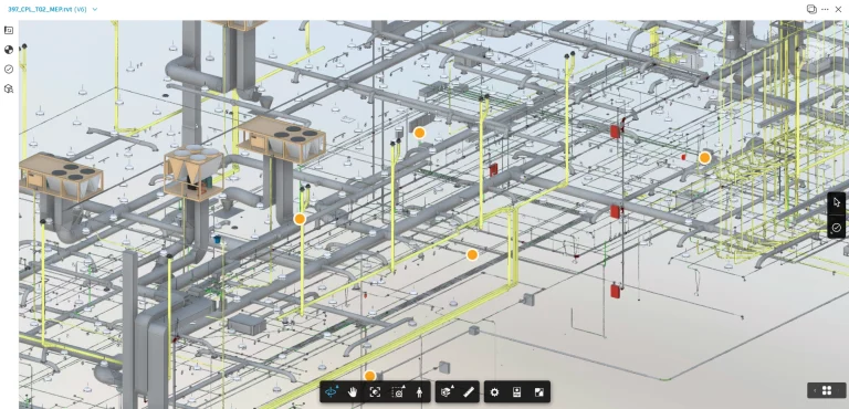Modelo 3D de un sistema de tuberías industriales complejo, que muestra tuberías interconectadas, válvulas, respiraderos y puntos de interés destacados (ideal para aplicaciones de ciencia de datos), con varios paneles de control y soportes estructurales visibles.