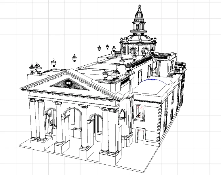 Black and white architectural line drawing of a classical building with tall columns, arched entrances, ornate roof details, and a central domed structure; viewed in three-quarter perspective—ideal for creating modelos digitales.