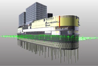 A 3D architectural model of the Sentura Tlalnepantla Shopping Center shows a modern, multi-story building with glass towers and a labeled exterior, featuring structural foundation elements extending below ground level.