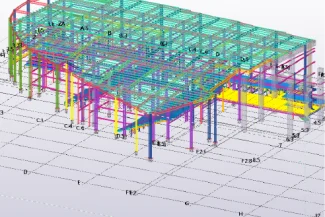 3D structural model of the Sentura Tlalnepantlas Shopping Center structure, showing colored beams and columns and a labeled grid, viewed from an angle. The design highlights the multiple levels and variety of structural elements.