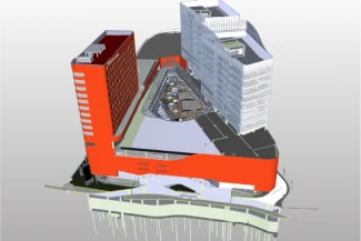 3D architectural rendering of the Sentura Tlalnepantla Shopping Center, a modern building complex featuring two tall structures, one red and one white, connected by a central glass-roofed atrium, all set atop a multi-level, curved base.
