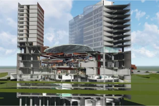 A digital rendering shows a sectional view of the Sentura Tlalnepantla Shopping Center, a modern multi-story building with open spaces and a glass dome. Cars and green areas are visible under a cloudy blue sky.