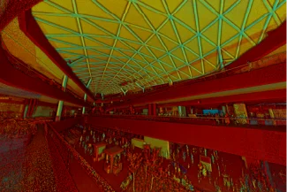 Point cloud of the interior of Sentura showing a long hallway and ceiling