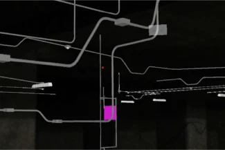A dark background with white and gray lines resembling a 3D model of pipes or cables, with a pink highlighted section in the center, possibly indicating a specific point of interest such as the Sentura Tlalnepantla Shopping Center.